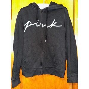 Victoria's Secret PINK Womens M Black White Script Logo Soft Hoodie Sweat Shirt